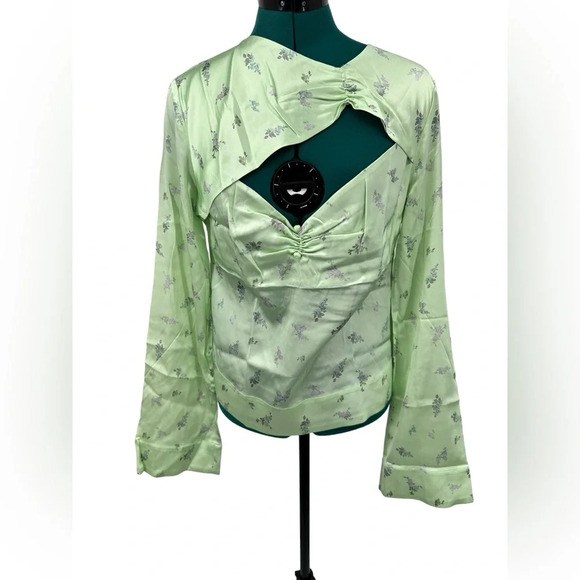 GANNI Cutout Ruched Floral-print Stretch-silk Satin Top In Light Green NWOT - Picture 4 of 9